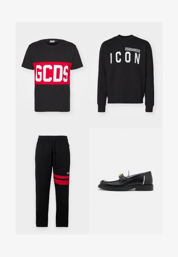 Black sweatshirt made of soft fabric featuring a crew neckline and long sleeves. "DSQUARED2" and "ICON" printed in bold white letters.; GCDS BAND LOGO REGULAR - Print T-shirt - black; Black sweatpants with contrast red stripes and logo on the side. Features an elastic waistband with drawstring and tapered ankle cuffs.; Black leather loafer with a rounded toe, white accents, and gold hardware on the vamp. Features a textured patch and stacked heel.