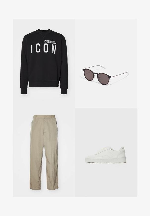 Čierna mikina vyrobená z mäkkej tkaniny s kruhovým výstrihom a dlhými rukávmi. „DSQUARED2“ a „ICON“ vytlačené tučnými bielymi písmenami.; Béžové ľahké nohavice s voľným strihom, s elastickým pásom a bočnými vreckami. Tkanina vyzerá textúrovaná a mierne pokrčená.; Biele kožené tenisky s hladkým povrchom, okrúly špičkový dizajn, ploché šnúrky a textúrovaná podrážka. Obsahujú jemné logo na päte.; Čierne okrúhle slnečné okuliare s tmavými sklami a tenkými kovovými ramenami. Obsahujú priehľadné konce rámov a strieborné akcenty na pántoch. Minimalistický dizajn.