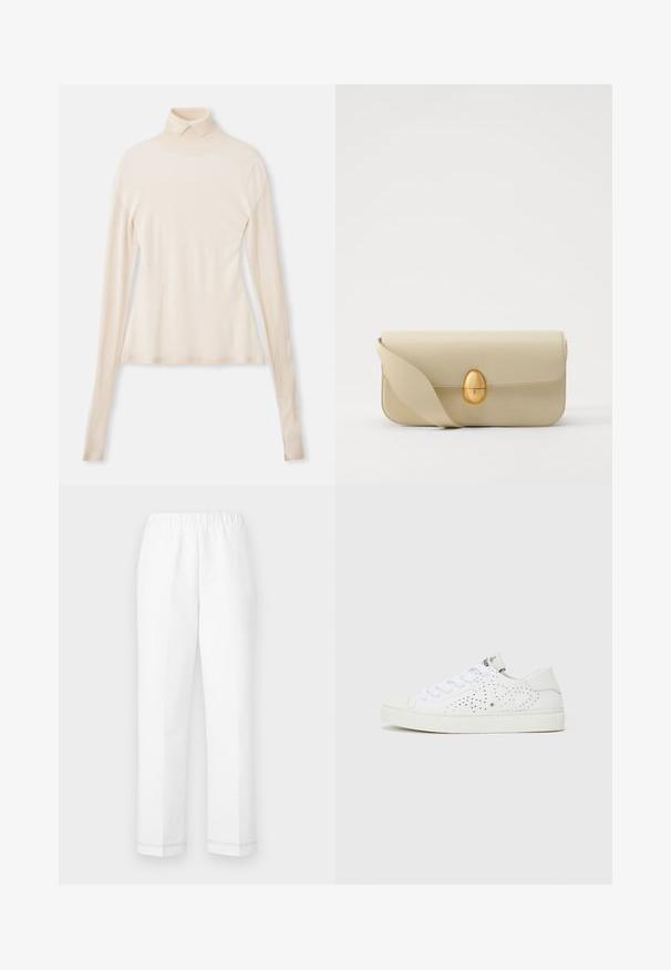 Krém színű garbó pulóver puha, sima anyagból, hosszú ujjakkal, testhezálló sziluettel és enyhe rugalmassággal a kényelem érdekében.; Fehér nadrág, gumis derekú, egyenes szabású, finom varrási részletekkel a szegélyen. Könnyű, légáteresztő anyagból készült.; Fehér alacsony szárú tornacipők perforált dizájnnal, sima fűzőkkel és texturált gumitalppal. Minimalista stílusúak és puha felületűek.; Beige bőrtáska sima textúrával, téglalap alakban, arany ovális zárral. Hosszú, állítható pánttal rendelkezik.