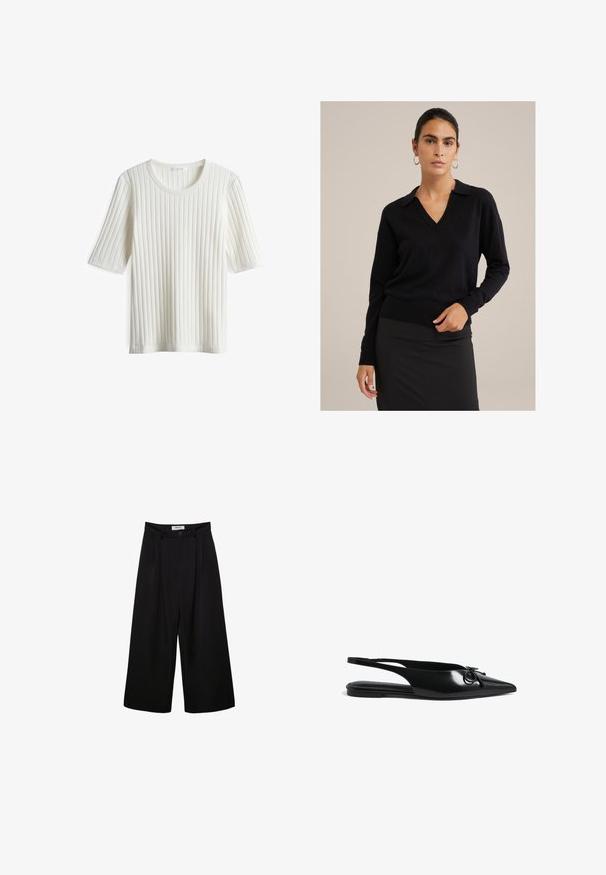 Zwarte wolblend trui met een V-hals en een kraag. Heeft lange mouwen, geribbelde manchetten en een geribbelde zoom. Gladde textuur.; Witte t-shirt met korte mouwen, gemaakt van ribbelstof, met een ronde halslijn en een rechte zoom. De stof lijkt zacht en heeft een uniforme, lichte kleur.; Zwarte wijde broek met een hoge taille, geplooide voorkant en knoopsluiting. Gemaakt van gladde stof met een scherp gesneden ontwerp.; Zwarte gepolijste leren slingback ballerina's met een puntige neus, cirkelvormig accentdetail en slanke banden voor een veilige pasvorm. Glad glanzende afwerking.