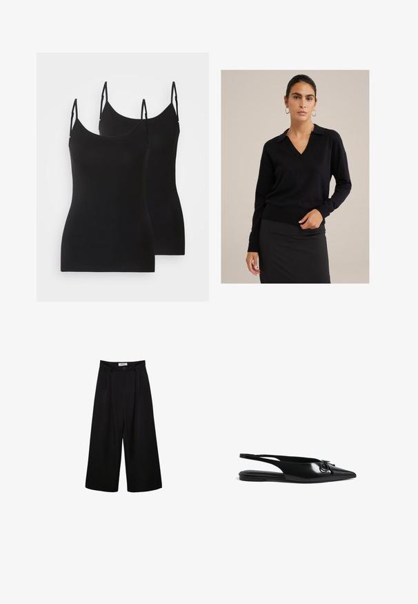 Czarny sweter z mieszanki wełny z dekoltem w V i kołnierzykiem. Posiada długie rękawy, ściągacze przy rękawach i ściągacz na dole. Gładka tekstura.; Czarne bezrękawnikowe koszulki, wykonane z miękkiego materiału, z regulowanymi ramiączkami i dopasowanym krojem. Dwa egzemplarze pokazane obok siebie.; Czarne spodnie szerokie nogawki z wysokim stanem, z plisowanym przodem i zapięciem na guzik. Wykonane z gładkiego materiału o dopasowanym kroju.; Czarne lakierowane baleriny z odkrytą piętą, o zaostrzonym nosku, okrągłym detalu i smukłych paskach zapewniających pewne dopasowanie. Gładkie, błyszczące wykończenie.