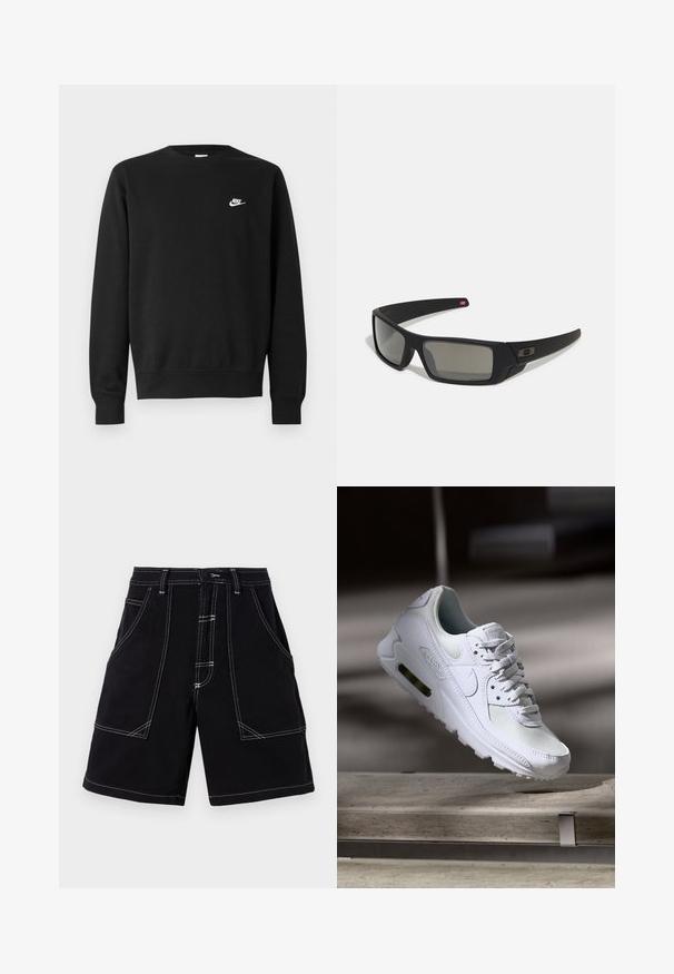 Musta puuvillainen pyöreäkauluksinen collegepaita, jossa pitkät hihat. Ylävasemmassa rinnassa pieni valkoinen Nike-logo. Sileä pinta.; Mustat cargo-shortsit, joissa on valkoiset kontrastipisteet, useita taskuja ja suora malli. Valmistettu kestävästä kankaasta, sileä tekstuuri.; Valkoiset Nike Air Max 90 -lenkkarit, joissa on verkko- ja nahkapinta, rei'itetty kärki ja näkyvä ilmayksikkö kantapäässä.; Mustat aurinkolasit matta-pinnalla, suorakulmaiset linssit, hieman kaarevat tempaukset, hienovarainen logo-yksityiskohta ja savunväriset linssit.