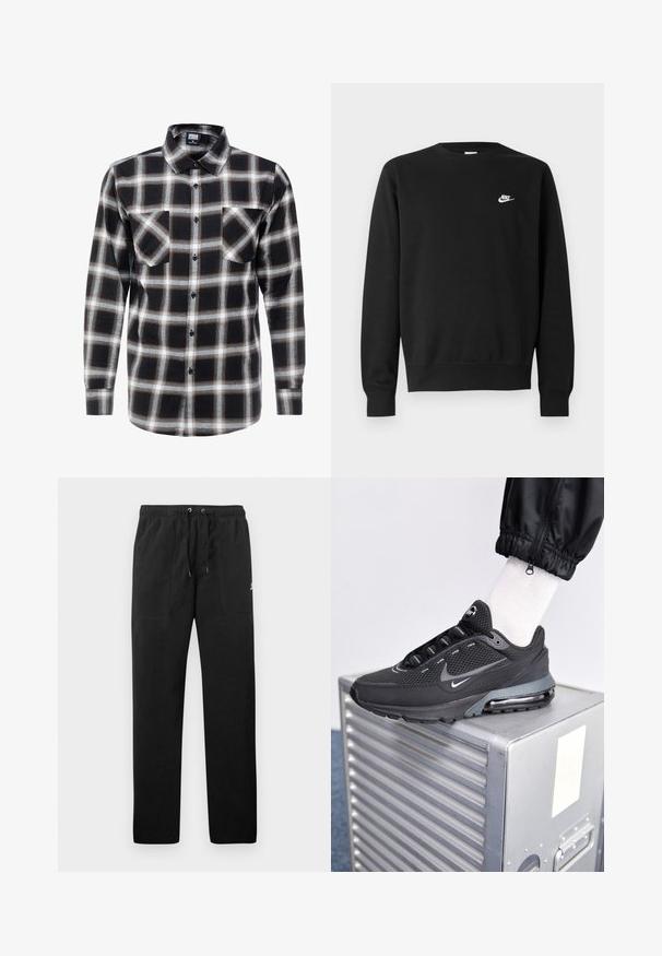 Zwarte sweatshirt met een ronde halslijn, lange mouwen en geribbelde manchetten. Heeft een klein wit Nike-logo op de borst. Zachte textuur.; Langarmgeplaidshirt in zwart, wit en bruin. Kenmerkt zich door een knoopsluiting aan de kraag en twee borstzakken met knoopsluiting.; Zwarte sweatpants van fleece, met een elastische tailleband met trekkoorden, twee voorzakken en een klein logo op de dij.; Nike Sportswear PULSE - Sneakers laag - black/anthracite