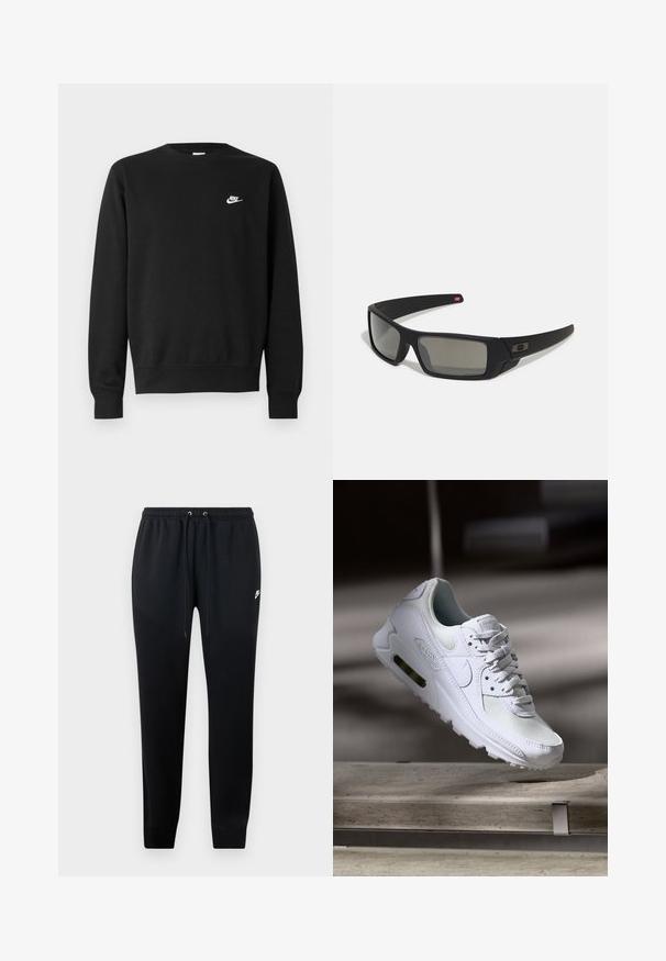 Zwarte sweatshirt met een ronde halslijn, lange mouwen en geribbelde manchetten. Heeft een klein wit Nike-logo op de borst. Zachte textuur.; Zwarte sweatpants van zacht materiaal, met een elastische tailleband met trekkoord, cuffs bij de enkels en een klein logo-detail aan de zijkant.; Witte Nike Air Max 90 sneaker met een bovenwerk van mesh en leer, een geperforeerde teenbox en een zichtbare luchtunit in de hiel.; Zwarte zonnebril met een matte afwerking, rechthoekige glazen, een lichte kromming op de slapen, subtiele logodetails en rookgetinte glazen.