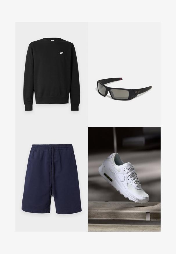 Čierna mikina s okrúhlym výstrihom, dlhými rukávmi a rebrovanými manžetami. Obsahuje malé biele logo Nike na hrudi. Mäkká textúra.; Námornícke modré šortky vyrobené z bavlny, s elastickým pásom a šnúrkou na stiahnutie, bočnými vreckami a rovným strihom. Žiadne vzory.; Biele tenisky Nike Air Max 90 s vrchnou časťou z kože a sieťoviny, perforovanou špičkou a viditeľnou vzduchovou jednotkou v päte.; Čierne slnečné okuliare s matným povrchom, obdĺžnikové šošovky, mierna krivka na straničkách, nenápadný detail loga a šošovky so zafírovaným tónovaním.