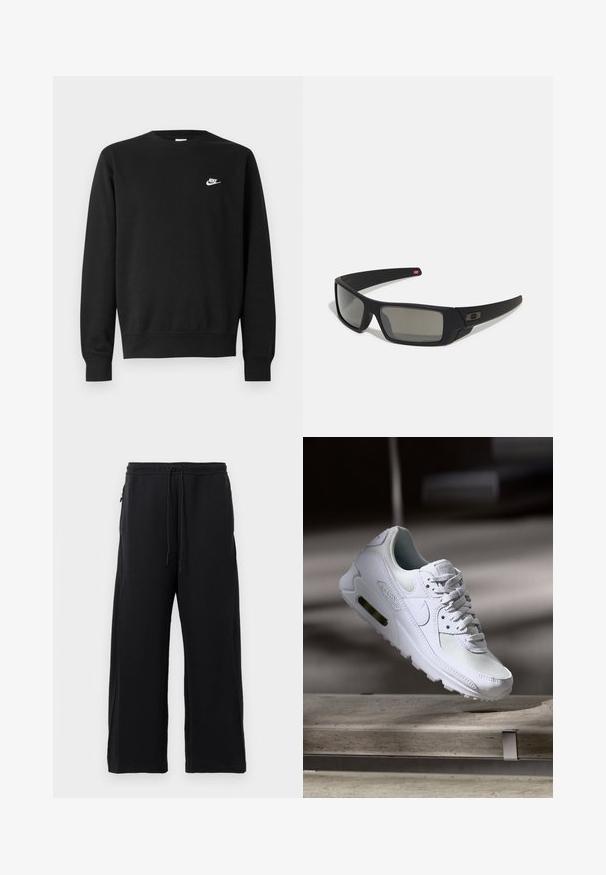 Schwarzer Sweatshirt mit Rundhalsausschnitt, langen Ärmeln und gerippten Bündchen. Verfügt über ein kleines weißes Nike-Logo auf der Brust. Weiche Textur.; Schwarze Jogginghosen aus weichem Material, mit einem Kordelzugbund, weitem Beinschnitt und seitlichen Taschen mit glatter Textur.; Weiße Nike Air Max 90 Sneaker mit einem Obermaterial aus Mesh und Leder, durchlässigem Zehenbereich und einer sichtbaren Air-Einheit in der Ferse.; Schwarze Sonnenbrille mit matter Oberfläche, rechteckigen Gläsern, leichtem Bogen an den Schläfen, dezentem Logo-Detail und rauchgetönten Gläsern.