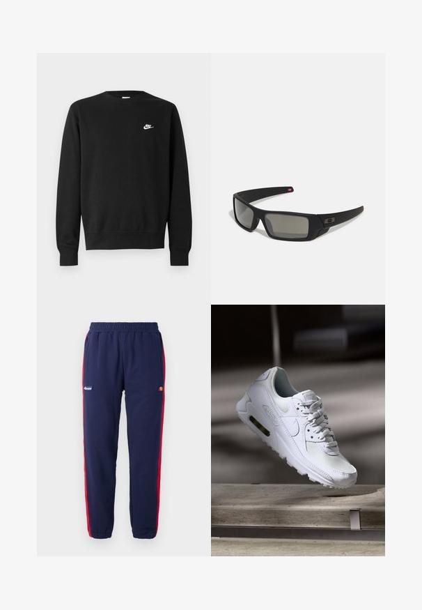 Melnā sporta puskrekla ar apaļu kakla izgriezumu, garām piedurknēm un ribota apdare pie piedurknēm. Uz krūtīm ir mazs balts Nike logo. Mīksta tekstūra.; Jūras spēku sporta bikses ar sarkaniem sānu svītraini, elastīgu jostasvietu un mazu logo uzlīmi ar apaļu dizainu uz kreisā augšstilba.; Baltas Nike Air Max 90 sporta apavi ar sietu un ādas augšdaļu, caurspīdīgu pirksta daļu un redzamu gaisa vienību papēdī.; Melni saulesbrilles ar matētu apdari, taisnstūra lēcām, nedaudz izliektiem tempļiem, smalkiem logotipa elementiem un dūmu nokrāsas lēcām.