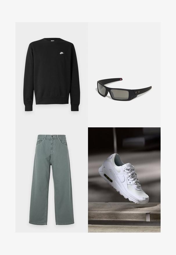 Černá mikina s kulatým výstřihem, dlouhými rukávy a žebrovanými manžetami. Na hrudi se nachází malé bílé logo Nike. Měkká textura.; Široké kalhoty v tlumené zelené barvě z bavlny, s klasickým pasem, poutky na opasek, předními kapsami a kontrastním šitím.; Bílé tenisky Nike Air Max 90 s vrchním materiálem z textilu a kůže, perforovanou špičkou a viditelnou vzduchovou jednotkou v patě.; Černé sluneční brýle s matným povrchem, obdélníkové čočky, mírná křivka na spáncích, nenápadný detail loga a čočky s kouřovým zabarvením.