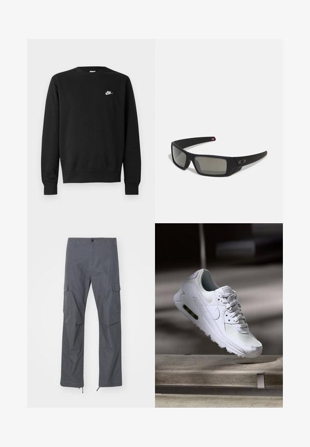Schwarzer Sweatshirt mit Rundhalsausschnitt, langen Ärmeln und gerippten Bündchen. Verfügt über ein kleines weißes Nike-Logo auf der Brust. Weiche Textur.; Graue Cargo-Hose mit gerader Passform, mehreren Taschen, Knopfverschluss und verstellbaren Bündchen am Saum. Hergestellt aus strapazierfähigem, leichtem Material.; Weiße Nike Air Max 90 Sneaker mit einem Obermaterial aus Mesh und Leder, durchlässigem Zehenbereich und einer sichtbaren Air-Einheit in der Ferse.; Schwarze Sonnenbrille mit matter Oberfläche, rechteckigen Gläsern, leichtem Bogen an den Schläfen, dezentem Logo-Detail und rauchgetönten Gläsern.