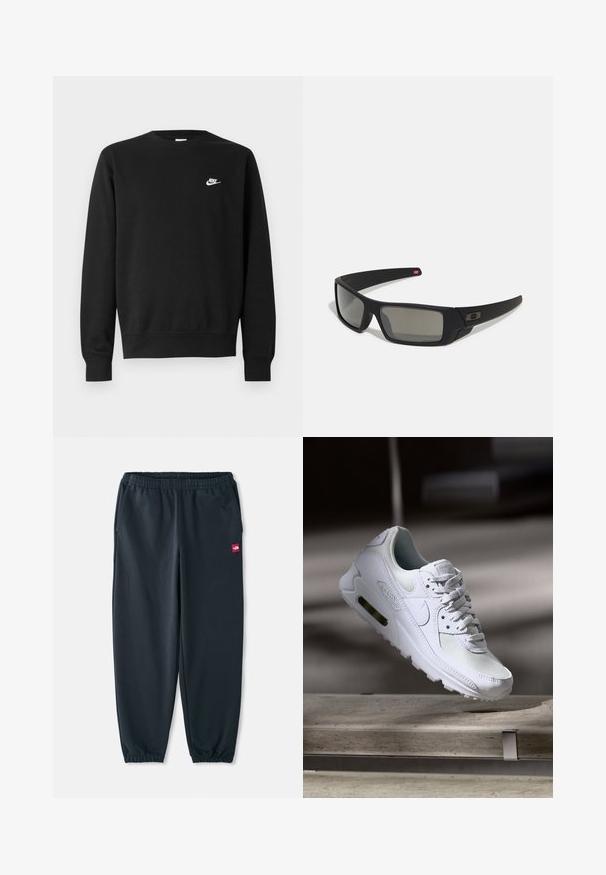 Zwarte sweatshirt met een ronde halslijn, lange mouwen en geribbelde manchetten. Heeft een klein wit Nike-logo op de borst. Zachte textuur.; Zwarte jogpants van gladde stof, met een elastische tailleband, boorden bij de enkels en een klein rood logo-patch aan de zijkant.; Witte Nike Air Max 90 sneaker met een bovenwerk van mesh en leer, een geperforeerde teenbox en een zichtbare luchtunit in de hiel.; Zwarte zonnebril met een matte afwerking, rechthoekige glazen, een lichte kromming op de slapen, subtiele logodetails en rookgetinte glazen.