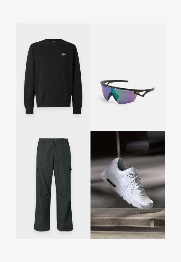 Čierna mikina s okrúhlym výstrihom, dlhými rukávmi a rebrovanými manžetami. Obsahuje malé biele logo Nike na hrudi. Mäkká textúra.; Tmavo zelené cargo nohavice s voľným strihom, elastickým pásom, prešitými vreckami a hladkou, ľahkou textúrou látky.; Biele tenisky Nike Air Max 90 s vrchnou časťou z kože a sieťoviny, perforovanou špičkou a viditeľnou vzduchovou jednotkou v päte.; Športové slnečné okuliare s čiernym rámom, veľkým gradientným sklom s purpurovými a zelenými odtieňmi a uhlovými dizajnovými akcentmi s logom.