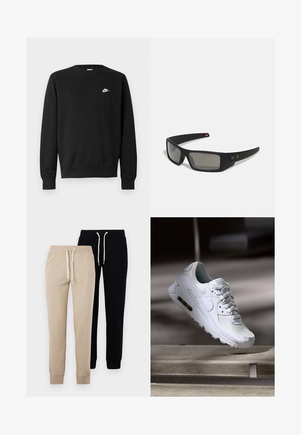 Sort sweatshirt med rund halsudskæring, lange ærmer og ribbede manchetter. Har et lille hvidt Nike-logo på brystet. Blød tekstur.; To sæt sweatpants: et beige og et sort, begge med elastiske manchetter og snoretræk i taljen med sølvdetaljer.; Hvide Nike Air Max 90 sneakers med en overdel i mesh og læder, perforeret tåboks og en synlig luftenhed i hælen.; Sorte solbriller med mat finish, rektangulære linser, let kurve ved templerne, diskret logo detaljer og røgfarvede linser.
