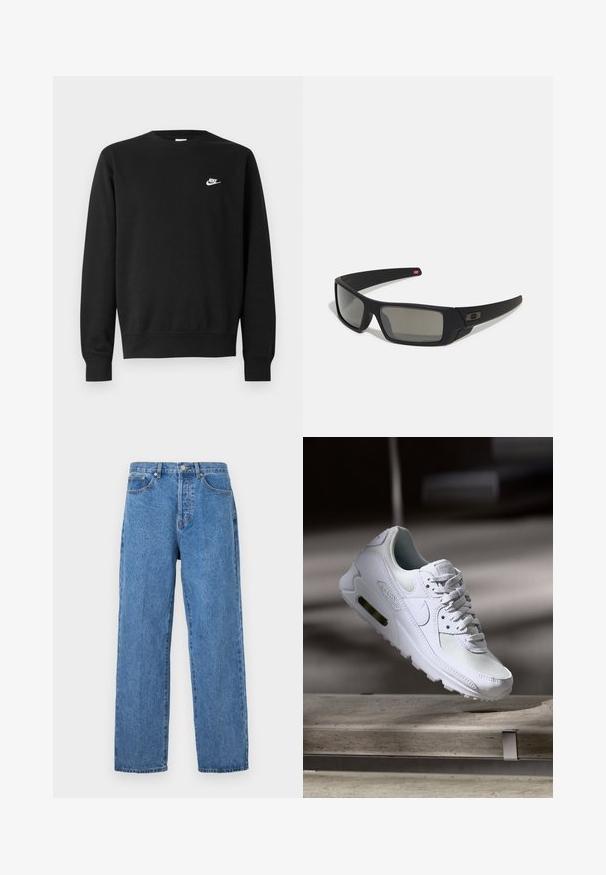 Sweatshirt preto com gola redonda, mangas longas e punhos canelados. Apresenta um pequeno logotipo branco da Nike no peito. Textura suave.; Jeans de ganga azul claro com um design de perna reta, apresentando um fecho de botão, cinco bolsos e desbotamento mínimo.; Sapatilha Nike Air Max 90 branca com parte superior em malha e couro, caixa de dedos perfurada e uma unidade de ar visível no calcanhar.; Óculos de sol pretos com acabamento mate, lentes retangulares, leve curvatura nas hastes, detalhe sutil do logo e lentes de cor fumada.