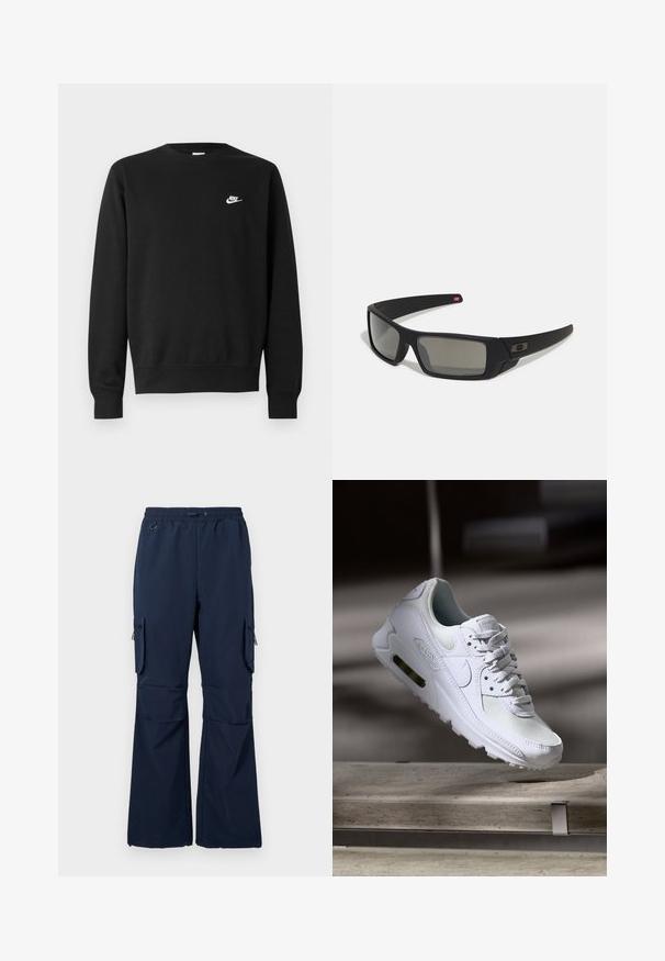 Černá mikina s kulatým výstřihem, dlouhými rukávy a žebrovanými manžetami. Na hrudi se nachází malé bílé logo Nike. Měkká textura.; Námořnické cargo kalhoty vyrobené z lehké tkaniny, s elastickým pasem na šňůrku, dvěma bočními kapsami a zapínacími cargo kapsami na obou nohách.; Bílé tenisky Nike Air Max 90 s vrchním materiálem z textilu a kůže, perforovanou špičkou a viditelnou vzduchovou jednotkou v patě.; Černé sluneční brýle s matným povrchem, obdélníkové čočky, mírná křivka na spáncích, nenápadný detail loga a čočky s kouřovým zabarvením.