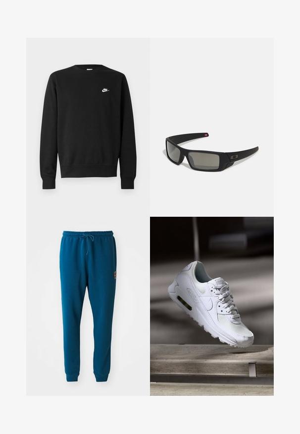 Melnā sporta puskrekla ar apaļu kakla izgriezumu, garām piedurknēm un ribota apdare pie piedurknēm. Uz krūtīm ir mazs balts Nike logo. Mīksta tekstūra.; Tirkīza krāsas sporta bikses, kas izgatavotas no mīkstas auduma, ar elastīgu jostasvietu un auklu, kā arī elastīgiem aproces pie potītēm. Mazs logo elements.; Baltas Nike Air Max 90 sporta apavi ar sietu un ādas augšdaļu, caurspīdīgu pirksta daļu un redzamu gaisa vienību papēdī.; Melni saulesbrilles ar matētu apdari, taisnstūra lēcām, nedaudz izliektiem tempļiem, smalkiem logotipa elementiem un dūmu nokrāsas lēcām.