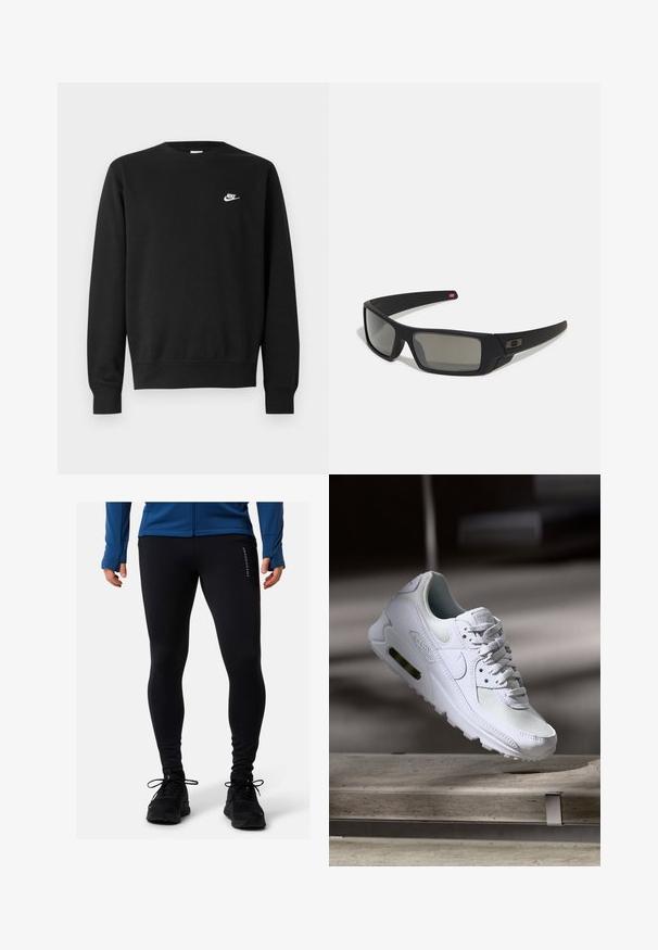 Felpa nera con scollo tondo, maniche lunghe e polsini a coste. Presenta un piccolo logo bianco di Nike sul petto. Texture morbida.; Leggings atletici neri realizzati in tessuto elastico, con un design aderente e un dettaglio del logo laterale. Abbinati a scarpe sportive nere.; Sneaker Nike Air Max 90 bianco con tomaia in mesh e pelle, punta forata e un'unità air visibile nel tallone.; Occhiali da sole neri con finitura opaca, lenti rettangolari, leggero curvatura sulle tempie, dettaglio logo discreto e lenti color fumo.