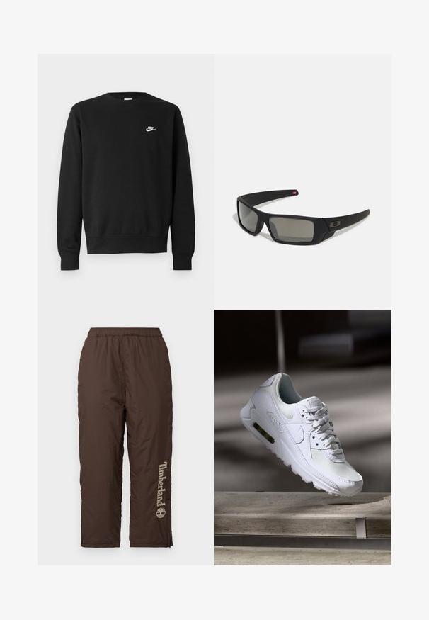 Černá mikina s kulatým výstřihem, dlouhými rukávy a žebrovanými manžetami. Na hrudi se nachází malé bílé logo Nike. Měkká textura.; Hnědé nylonové kalhoty s elastickým pasem. Na přední straně je vertikální logo Timberland v světle béžové barvě. Hladký povrch a zipy na kotnících pro úpravu velikosti.; Bílé tenisky Nike Air Max 90 s vrchním materiálem z textilu a kůže, perforovanou špičkou a viditelnou vzduchovou jednotkou v patě.; Černé sluneční brýle s matným povrchem, obdélníkové čočky, mírná křivka na spáncích, nenápadný detail loga a čočky s kouřovým zabarvením.