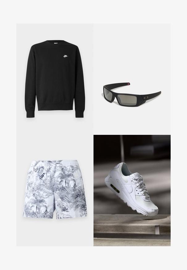 Sweatshirt preto com gola redonda, mangas longas e punhos canelados. Apresenta um pequeno logotipo branco da Nike no peito. Textura suave.; Calções de banho estampados com um fundo azul claro, apresentando folhagens e estampas de animais em azul escuro, com cintura elástica e detalhe do logótipo.; Sapatilha Nike Air Max 90 branca com parte superior em malha e couro, caixa de dedos perfurada e uma unidade de ar visível no calcanhar.; Óculos de sol pretos com acabamento mate, lentes retangulares, leve curvatura nas hastes, detalhe sutil do logo e lentes de cor fumada.