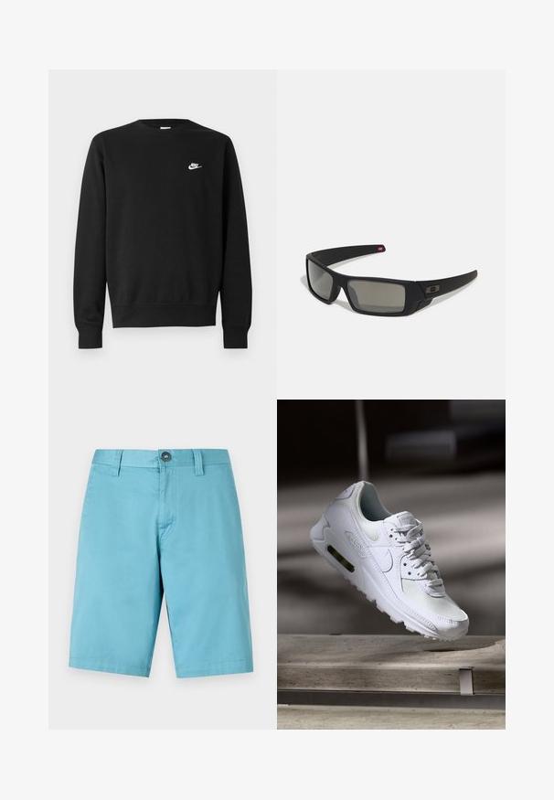 Svart hettegenser med rund hals, lange ermer og ribbestrikkede mansjetter. Har en liten hvit Nike-logo på brystet. Myk tekstur.; Lyseblå shorts laget av et glatt stoff. Har en knappelukking og beltehemper, med en rett kutt som strekker seg til kneet.; Hvit Nike Air Max 90 sneakers med øvre del laget av mesh og skinn, perforert tåboks og en synlig luftenhet i hælen.; Sorte solbriller med mat finish, rektangulære linser, lett kurv på brillestengene, diskret logo detaljer, og røyktinted linser.