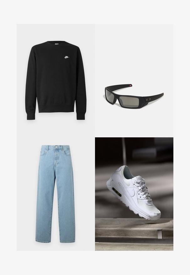 Sweatshirt noir avec un col rond, des manches longues et des poignets côtelés. Présente un petit logo Nike blanc sur la poitrine. Texture douce.; Jean large bleu clair en denim, avec une fermeture à bouton à l'avant, un design traditionnel à cinq poches et une coupe décontractée.; Sneaker Nike Air Max 90 blanche avec une tige en mesh et cuir, une boîte à orteils perforée et une unité air visible au talon.; Lunettes de soleil noires avec une finition mate, verres rectangulaires, légère courbure sur les branches, détail de logo subtil et verres teintés fumés.