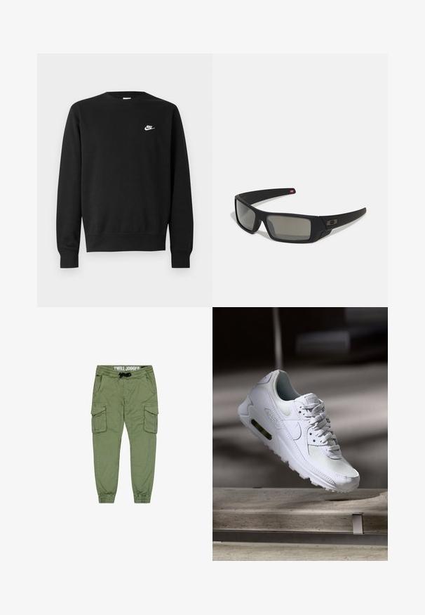 Čierna mikina s okrúhlym výstrihom, dlhými rukávmi a rebrovanými manžetami. Obsahuje malé biele logo Nike na hrudi. Mäkká textúra.; Olivovo zelené tvilové jogger nohavice s elastickými manžetami, pásom na sťahovanie a viacerými nákladnými vreckami pre ďalšie úložisko. Hladká, odolná tkanina.; Biele tenisky Nike Air Max 90 s vrchnou časťou z kože a sieťoviny, perforovanou špičkou a viditeľnou vzduchovou jednotkou v päte.; Čierne slnečné okuliare s matným povrchom, obdĺžnikové šošovky, mierna krivka na straničkách, nenápadný detail loga a šošovky so zafírovaným tónovaním.