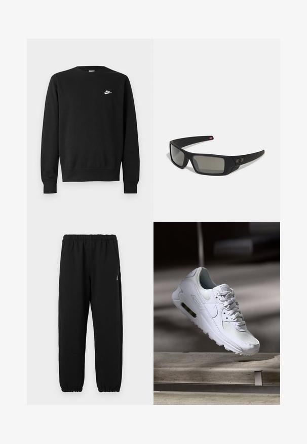 Mustat collegepaita, jossa on pyöreä pääntie, pitkät hihat ja ribattu hihansuu. Rinnassa pieni valkoinen Nike-logo. Pehmeä rakenne.; Mustat collegehousut, jotka on valmistettu pehmeästä kankaasta. Niissä on joustava vyötärö, joustavat hihnat ja pieni logo vasemmalla puolella.; Valkoiset Nike Air Max 90 -lenkkarit, joissa on verkko- ja nahkapinta, rei'itetty kärki ja näkyvä ilmayksikkö kantapäässä.; Mustat aurinkolasit matta-pinnalla, suorakulmaiset linssit, hieman kaarevat tempaukset, hienovarainen logo-yksityiskohta ja savunväriset linssit.