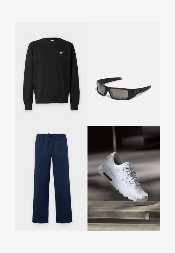 Sweatshirt preto com gola redonda, mangas longas e punhos canelados. Apresenta um pequeno logotipo branco da Nike no peito. Textura suave.; Calças de fato de treino azul-marinho com um cós elástico, fecho por cordão, costuras laterais e um pequeno logótipo branco na parte superior da perna esquerda.; Sapatilha Nike Air Max 90 branca com parte superior em malha e couro, caixa de dedos perfurada e uma unidade de ar visível no calcanhar.; Óculos de sol pretos com acabamento mate, lentes retangulares, leve curvatura nas hastes, detalhe sutil do logo e lentes de cor fumada.