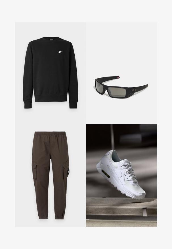 Černá mikina s kulatým výstřihem, dlouhými rukávy a žebrovanými manžetami. Na hrudi se nachází malé bílé logo Nike. Měkká textura.; Cargo kalhoty ve tmavě hnědé látce, s elastickým pasem, zúženými nohavicemi a dvěma bočními kapsami s klopami.; Bílé tenisky Nike Air Max 90 s vrchním materiálem z textilu a kůže, perforovanou špičkou a viditelnou vzduchovou jednotkou v patě.; Černé sluneční brýle s matným povrchem, obdélníkové čočky, mírná křivka na spáncích, nenápadný detail loga a čočky s kouřovým zabarvením.