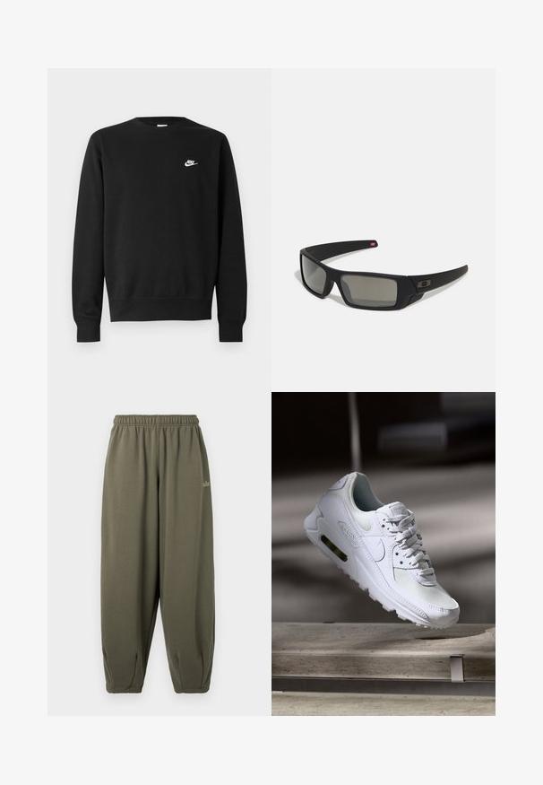 Svart hettegenser med rund hals, lange ermer og ribbestrikkede mansjetter. Har en liten hvit Nike-logo på brystet. Myk tekstur.; Grågrønne joggebukser med elastisk midje og mansjetter. Har minimal merking i matchende tråd på siden. Myk tekstur.; Hvit Nike Air Max 90 sneakers med øvre del laget av mesh og skinn, perforert tåboks og en synlig luftenhet i hælen.; Sorte solbriller med mat finish, rektangulære linser, lett kurv på brillestengene, diskret logo detaljer, og røyktinted linser.