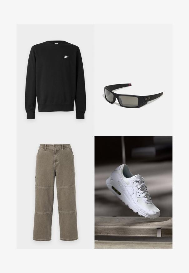 Zwarte sweatshirt met een ronde halslijn, lange mouwen en geribbelde manchetten. Heeft een klein wit Nike-logo op de borst. Zachte textuur.; Katoenen cargobroek in gedempt olijfgroen met brede pijpen, dubbele stiksels, en zijzakken, voorzien van een knoopsluiting en riemlussen.; Witte Nike Air Max 90 sneaker met een bovenwerk van mesh en leer, een geperforeerde teenbox en een zichtbare luchtunit in de hiel.; Zwarte zonnebril met een matte afwerking, rechthoekige glazen, een lichte kromming op de slapen, subtiele logodetails en rookgetinte glazen.