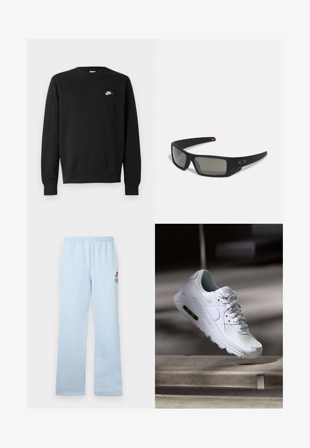 Sweatshirt preto com gola redonda, mangas longas e punhos canelados. Apresenta um pequeno logotipo branco da Nike no peito. Textura suave.; Calças de fato de treino azul claro com cintura elástica, pernas retas e um pequeno logotipo da Nike em vermelho com texto na coxa esquerda. Textura de tecido suave.; Sapatilha Nike Air Max 90 branca com parte superior em malha e couro, caixa de dedos perfurada e uma unidade de ar visível no calcanhar.; Óculos de sol pretos com acabamento mate, lentes retangulares, leve curvatura nas hastes, detalhe sutil do logo e lentes de cor fumada.