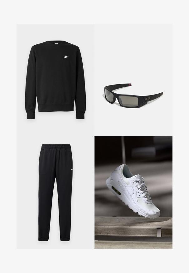 Črna majica s kapuco, okroglo izrezano ovratnikom, dolgimi rokavi in rebrastimi manšetami. Na prsih je majhen bel logotip Nike. Mehka tekstura.; Črne športne hlače iz mehkega blaga, z elastičnim pasom, dvema stranskima žepoma in manšetami na koncu za prilega videz.; Bela Nike Air Max 90 športna obutev z mrežastim in usnjenim zgornjim delom, perforiranim prstnim delom in vidno zračno enoto v peti.; Crne sončne naočale s mat površinom, pravokutne leće, blagi luk na sljepilima, diskretna oznaka i leće sa dimnim nijansama.
