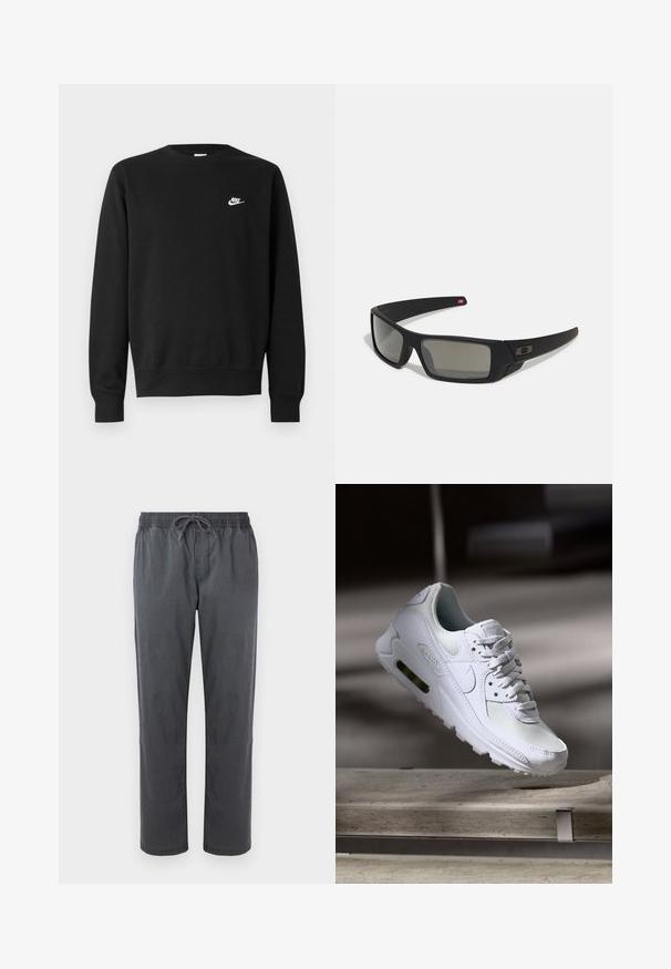 Sudadera negra con cuello redondo, mangas largas y puños de canalé. Presenta un pequeño logo de Nike en blanco en el pecho. Textura suave.; Pantalones grises de corte holgado, hechos de algodón, con cintura elástica y cordón, piernas rectas y sin bolsillos.; Zapatilla Nike Air Max 90 blanca con parte superior de malla y cuero, caja de puntera perforada y unidad de aire visible en el talón.; Gafas de sol negras con acabado mate, lentes rectangulares, ligera curvatura en las patillas, sutil detalle del logo y lentes ahumados.