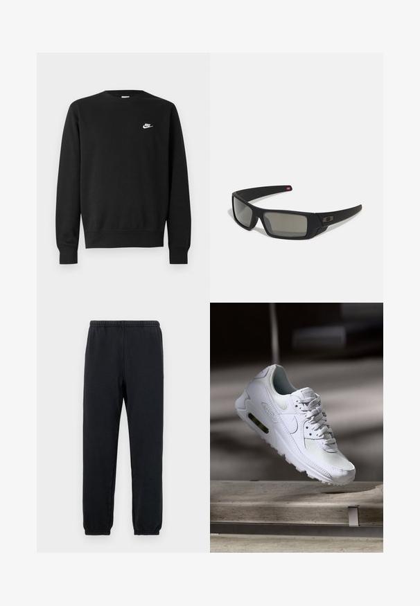 Sudadera negra con cuello redondo, mangas largas y puños de canalé. Presenta un pequeño logo de Nike en blanco en el pecho. Textura suave.; Pantalones de chándal negros con una cinturilla elástica y tobillos ajustados; hechos de una tela suave y elástica, con un diseño minimalista sin patrones.; Zapatilla Nike Air Max 90 blanca con parte superior de malla y cuero, caja de puntera perforada y unidad de aire visible en el talón.; Gafas de sol negras con acabado mate, lentes rectangulares, ligera curvatura en las patillas, sutil detalle del logo y lentes ahumados.