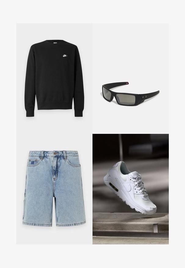 Črna majica s kapuco, okroglo izrezano ovratnikom, dolgimi rokavi in rebrastimi manšetami. Na prsih je majhen bel logotip Nike. Mehka tekstura.; Svetlo modri denim kratki hlače z ohlapnim krojem, z gumbastim zapiranjem, sprednjimi žepi in rahlim zbledelostjo. Enostaven dizajn, brez vidnih vzorcev.; Bela Nike Air Max 90 športna obutev z mrežastim in usnjenim zgornjim delom, perforiranim prstnim delom in vidno zračno enoto v peti.; Crne sončne naočale s mat površinom, pravokutne leće, blagi luk na sljepilima, diskretna oznaka i leće sa dimnim nijansama.