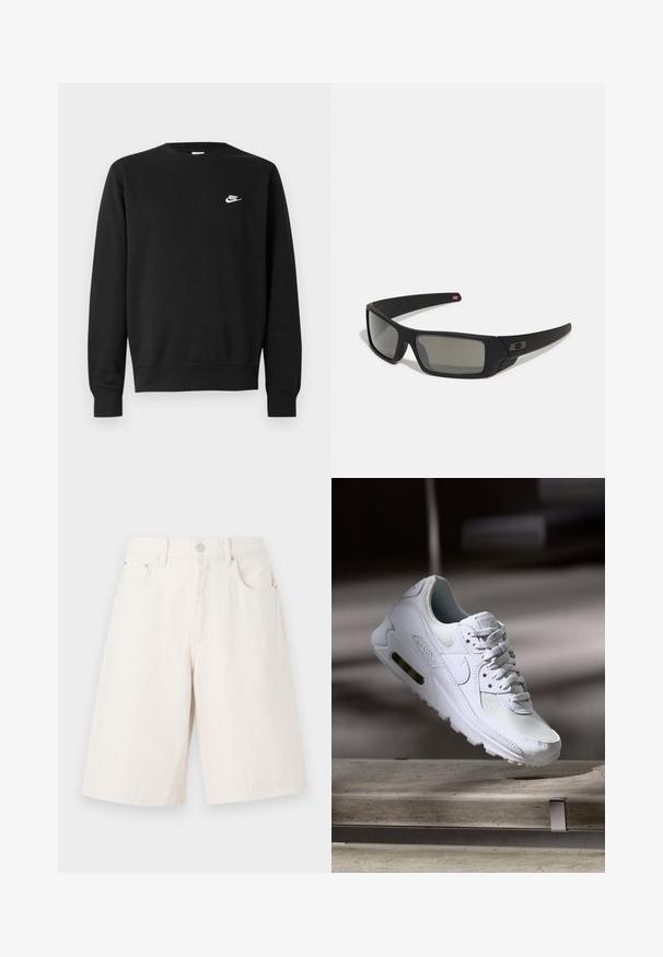 Sweatshirt noir avec un col rond, des manches longues et des poignets côtelés. Présente un petit logo Nike blanc sur la poitrine. Texture douce.; Shorts en denim beige clair avec une coupe ample, dotés de deux poches avant, d'une fermeture éclair et d'un bouton en métal.; Sneaker Nike Air Max 90 blanche avec une tige en mesh et cuir, une boîte à orteils perforée et une unité air visible au talon.; Lunettes de soleil noires avec une finition mate, verres rectangulaires, légère courbure sur les branches, détail de logo subtil et verres teintés fumés.