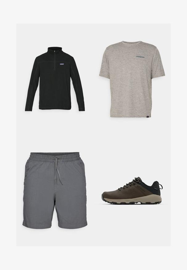 Crni pulover od flisa s zipom, dugim rukavima, flatlock šavovima i logotipom na lijevoj strani prsnog koša. Glatka tekstura, ležeran stil i svestran dizajn.; Siva majica kratkih rukava izrađena od mekane, teksturirane tkanine s malim plavim Patagonia logotipom na lijevoj strani prsiju. Bez dodatnih uzoraka.; Sive kratke hlače izrađene od lagane tkanine s elastičnim pojasom i vezicom. Imaju glatku teksturu i duljinu iznad koljena.; Smeđe vodootporne tenisice s teksturiranom gornjom i perforiranim detaljima, crnom potporom za petu i sivim gumiranim potplatom. Čipke su stilizirane s metalnim krajevima.