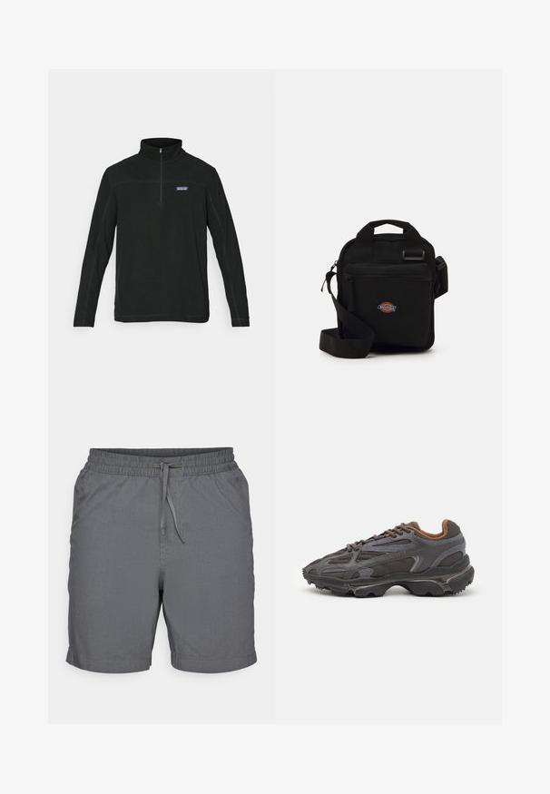 Pulóver de forro polar negro con cremallera en el cuello, mangas largas, costuras planas y logo en el lado izquierdo del pecho. Textura suave, estilo casual y diseño versátil.; Pantalones cortos grises hechos de tejido ligero con cintura elástica y cordón. Presentan una textura suave y un largo por encima de la rodilla.; Zapatillas Lacoste en gris oscuro con material de malla y sintético, que cuentan con una suela texturizada y detalles en marrón en el cuello y la marca.; Bolso cruzado negro con un bolsillo con cremallera, forma rectangular, hecho de tela, con un parche de logo en la parte delantera, tira de hombro ajustable.
