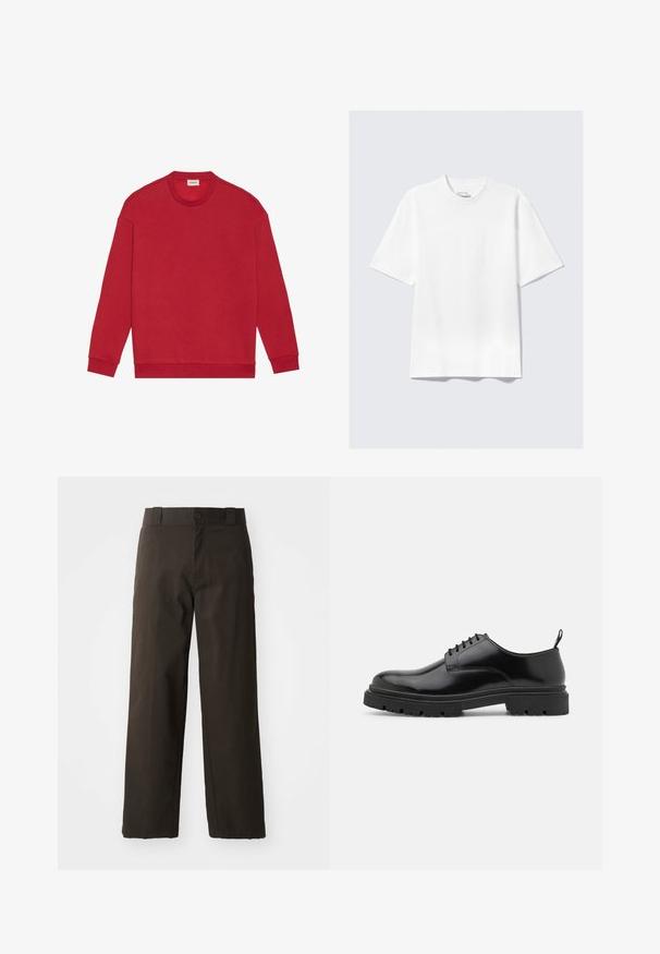 Punane dressipluus, mis on valmistatud pehmest kangast, ümara kaelusega, alandatud õlgade ja soonikutevarrukatega. Sile tekstuur ilma mustriteta.; Lame valge lühikeste varrukatega vabalt lõigatud T-särk, millel on helehall taust.; Mustad puuvillased püksid sirge jala disainiga, kellel on nööbi sulgemine ja klassikaline vöökoht. Sile tekstuur, ilma mustrite või aktsentideta.; Mustad nahast kingad, millel on ümar nina, sile tekstuur ja sooniline kummist tald. Omavad väikest kontsi ja tõmblinti taga.