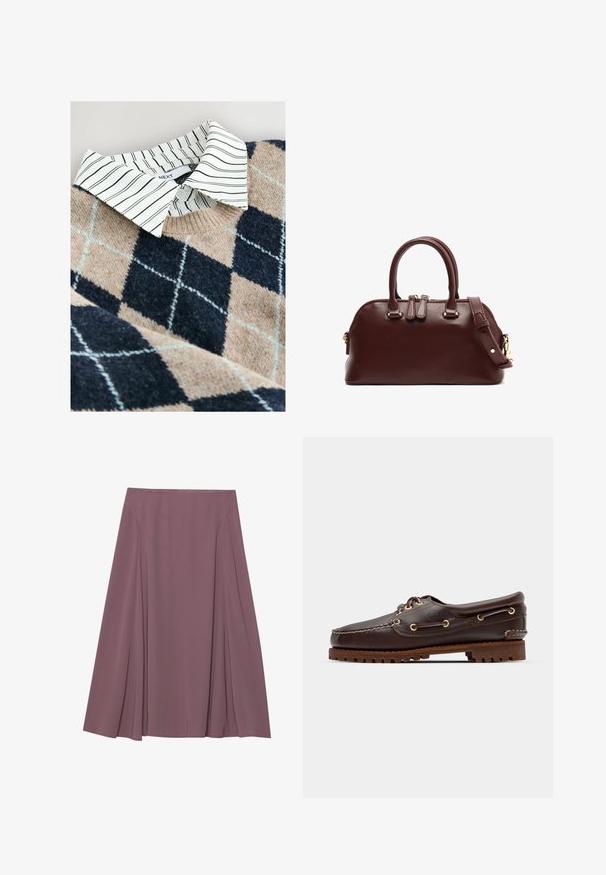 Sweter dzianinowy z wzorem argyle w odcieniach beżu i granatu, z białą koszulą z kołnierzykiem w paski pod spodem oraz z teksturowanego, miękkiego materiału.; Spódnica do kolan w stonowanym kolorze mauve, wykonana z lekkiego materiału z plisowanym wzorem i gładką teksturą. Bez widocznych zapięć.; Brązowe skórzane buty w stylu boat shoe z złotymi oczkami, okrągłymi sznurowadłami oraz teksturowaną brązową gumową podeszwą. Zawierają przeszycia i wypukłe logo.; Burgundowa skórzana torebka z podwójnymi uchwytami, odpinanym paskiem na ramię, złotymi akcentami i zaokrąglonym kształtem. Zamek błyskawiczny.