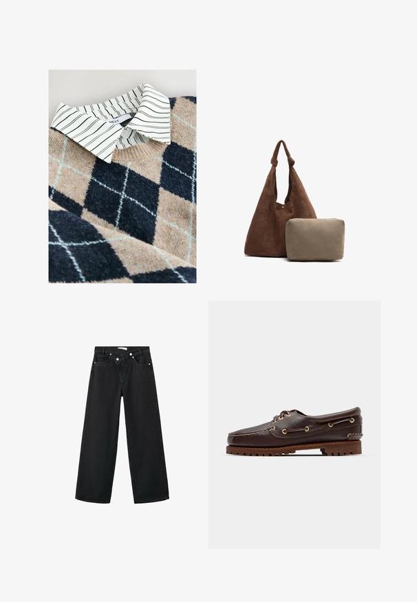 Pletena dukserica s pješčanim i mornarsko plavim argyle uzorkom, ispod koje se nosi bijela košulja s prugama, izrađena od strukturiranog, mekanog materijala.; Crne traperice visokog struka s širokim nogavicama, stil od pet džepova i siva metalna oprema sprijeda za zatvaranje.; Smeđe kožne čamce cipele s zlatnim okomitim rupicama, okruglim vezicama i teksturiranom smeđom gumiranom potplatom. Ima stišnjene detalje i uzdignuti logo.; Smeđa suđena torba za rame s čvorastim remenom, koja sadrži malu bež torbicu na zip. Torba ima mekanu teksturu i jednostavan dizajn.