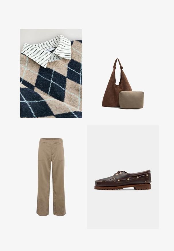 Striktrøje med et tan- og navy argyle mønster, en hvidstribet skjorte med krave under, samt et tekstureret, blødt materiale.; Khaki brede bukser med lige snit, lavet af tekstureret stof, med to frontlommer og knaplukning i taljen.; Brune læder bådsko med gyldne øjer, runde snørebånd og en struktureret brun gummisål. Har quiltede detaljer og et forhøjet logo.; Brun ruskinds skuldertaske med en knyttet rem, der inkluderer en lille beige lynlåspung. Tasken har en blød tekstur og et enkelt design.