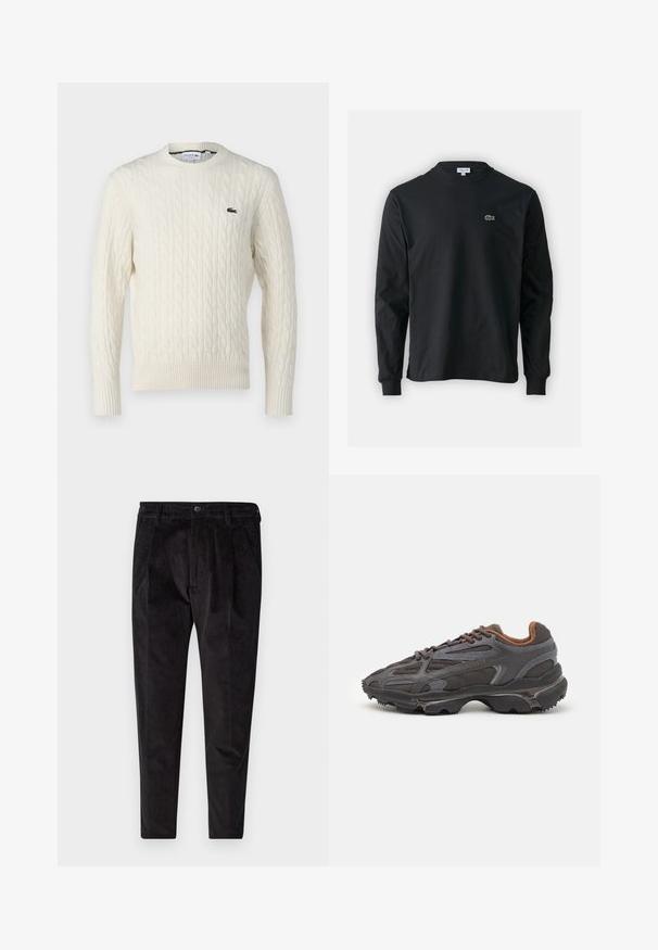 Kerman neulepaita pyöreällä kaula-aukolla, ribbaatut hihansuut ja helma, sekä vihreä Lacoste-logo rinnassa. Rakenteellinen kangas tuo yksityiskohtia esiin.; Musta pitkähiha t-paita, joka on valmistettu puuvillasta. Paita on varustettu pyöreällä kaula-aukolla ja vasemmassa rinnassa on pieni vihreä brodeerattu krokotiililogo.; Mustat corduroy-housut tekstuuripinnalla, suora lahje, pleatattu etuosa ja joustovyötärö mukavuutta varten.; Lacoste-tennar i mörkgrått med nät- och syntetmaterial, med en texturerad sula och bruna accenter på kragen och märket.
