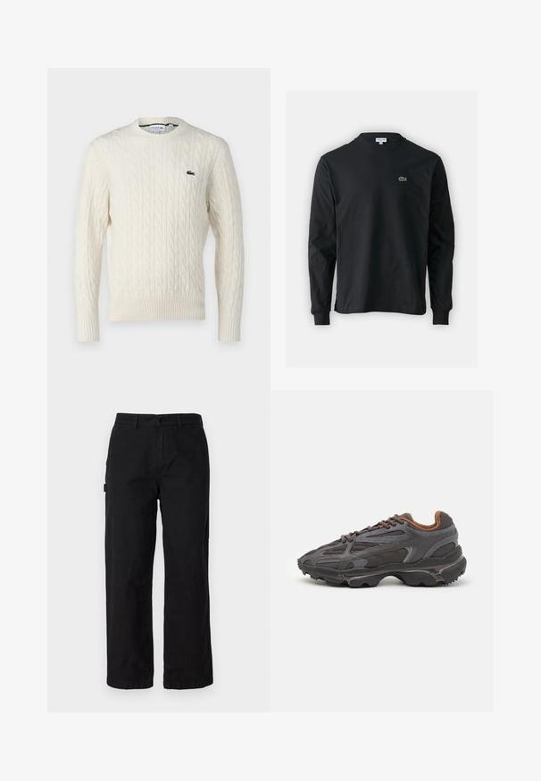 Cream cable-knit sweater with a round neckline, ribbed cuffs and hem, and a green Lacoste logo on the chest. Textured fabric enhances detail.; Black long-sleeve t-shirt made of cotton, featuring a round neckline and a small green embroidered crocodile logo on the left chest.; Black cotton cargo pants with a straight leg design, featuring side pockets and a front button closure. Durable fabric with a smooth texture.; Lacoste sneakers in dark gray with mesh and synthetic material, featuring a textured sole and brown accents on the collar and branding.