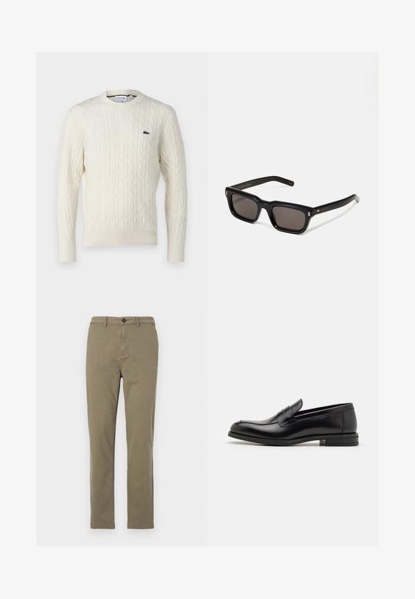 Kremowy sweter w warkoczowy splot z okrągłym dekoltem, ściągaczami przy mankietach i u dołu, oraz zielonym logo Lacoste na piersi. Teksturowana tkanina podkreśla detale.; Olejkowe bawełniane chinosy z prostymi nogawkami, z przodem na guziki oraz bocznymi kieszeniami. Gładka tekstura i minimalne detale.; Czarne skórzane mokasyny o gładkiej fakturze, zaokrąglonym nosku i dekoracyjnym pasku na przodzie. Niski, warstwowy obcas, minimalistyczny design.; Czarne prostokątne okulary przeciwsłoneczne z ciemnymi soczewkami, grubą plastikową oprawą, złotymi akcentami na zausznikach oraz wygrawerowanym logo marki na ramieniu.