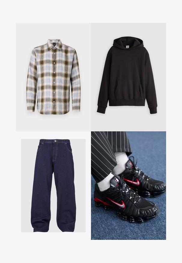 Čierna mikina Levi's so srdcovým vreckom vpredu a decentným logom vyšívaným na hrudi, vystavená na neutrálnej svetlej pozadí.; Károvaná košela na gombíky v zeleno-modro-krémovej farbe, s klasickým golierom a dlhými rukávmi s kontrastnými kĺbmi a bielymi gombíkmi.; Tmavomodré džínsy s voľným strihom, vybavené zapínaním na gombík, piatimi vreckami a kontrastným prešívaním pozdĺž švov.; Čierne športové topánky s červenými a striebornými akcentmi, sieťované a textúrované syntetické materiály, šnurovací dizajn a viditeľná pena v podrážke.