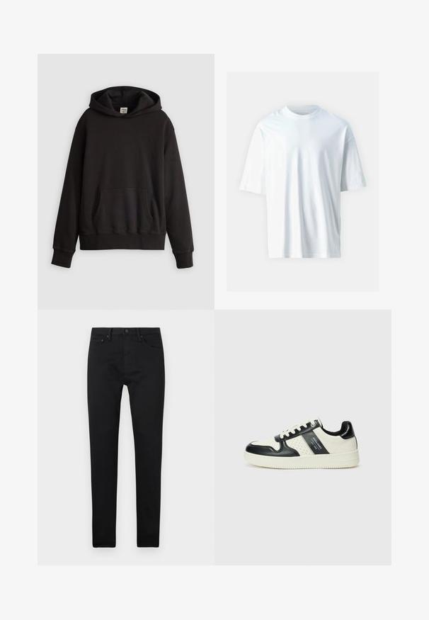 Crna Levi's dukserica s prednjim kengurskim džepom i suptilnim logom izvezenim na prsima, prikazana na jednostavnoj svijetloj pozadini.; Bijela kratkosjećana majica od mekanog pamuka. Ima okrugli izrez, opuštene je siluete i glatku teksturu. Nema vidljivih uzoraka ili naglasaka.; Crne uske traperice s pet džepova, kopčanjem na dugme i petljama za remen, prikazane na ravnoj bijeloj pozadini.; Kožne tenisice s crno-bijelom paletom boja, koje imaju perforirane akcentne detalje, podstavljeni ovratnik i teksturiranu potplat.