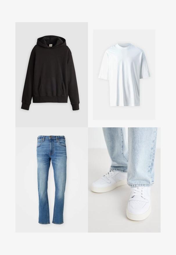 Melnas Levi's kapuces džemperis ar priekšējo kangaroo kabatu un smalku logo izšuvumu uz krūtīm, attēlots uz vienkārša gaiša fona.; Balts īsām piedurknēm T-krekls, kas izgatavots no mīkstas kokvilnas. Tam ir apaļa kakla izgriezums, brīva piegriezuma forma un gluda tekstūra. Nav redzamu rakstu vai akcentu.; Gai zili džinsi ar taisnu griezumu, kas piedāvā klasisku piecu kabatu dizainu, smalku izbalināšanu un kontrastējošus šuvju akcentus.; Biezi balti ādas apavi līdz potītei ar perforētu purngalu, plakaniem šņorēm un minimālistisku dizainu. Saskaņoti ar gaiši ziliem džinsiem.