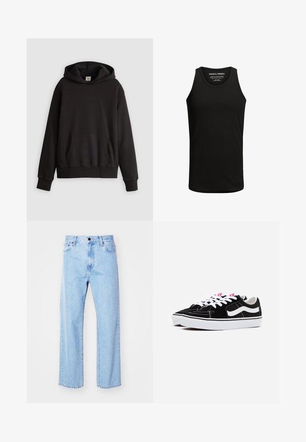Hoodie nero di Levi's con tasca a marsupio frontale e un logo ricamato discreto sul petto, esposto su uno sfondo chiaro e semplice.; Canotta nera realizzata in tessuto misto cotone, con un classico colletto tondo e design senza maniche. Texture semplice senza motivi o dettagli.; Jeans in denim blu chiaro con design a gamba dritta, vita alta, cinque tasche, e chiusura classica con bottone e zip.; Sneaker in suede nera con lacci bianchi, dotate di una marcata striscia laterale bianca e suola in gomma nera, che mette in evidenza dettagli di cucitura a contrasto.