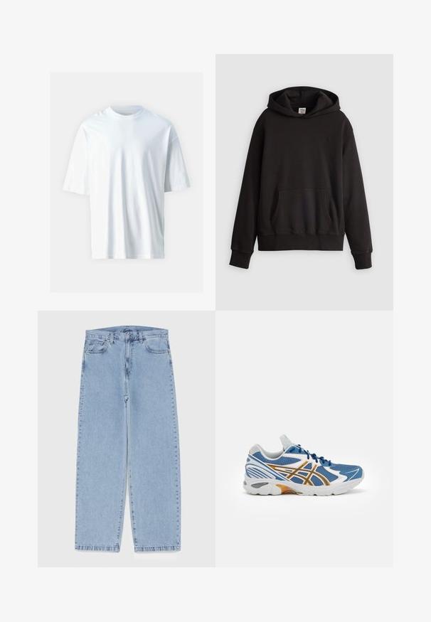 Černá mikina Levi's s klokaní kapsou vpředu a diskrétním logem vyšitým na prsou, vystavená na jednobarevném světlem pozadí.; Bílý krátký rukáv tričko vyrobené z měkké bavlny. Má kulatý výstřih, volný střih a hladkou texturu. Žádné viditelné vzory ani akcenty.; Světle modré džíny s rovnými nohavicemi, středním pasem, pěti kapsami a zapínáním na knoflík a zip.; Modré sportovní boty s síťovaným svrškem, bílými a oranžovými akcenty, vysoce odpruženou mezipodešví a texturovanou gumovou podrážkou. Obsahují šněrování.